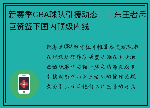 新赛季CBA球队引援动态：山东王者斥巨资签下国内顶级内线