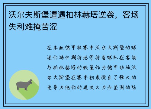 沃尔夫斯堡遭遇柏林赫塔逆袭，客场失利难掩苦涩